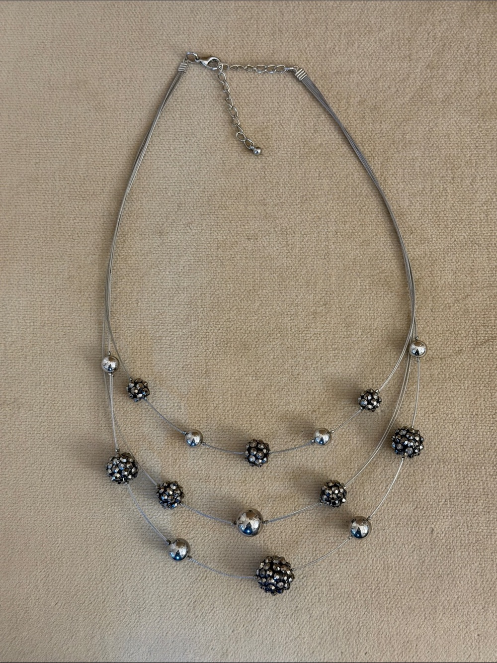 Elegant Multi-Strand Silver Bead Necklace with Black Crystal Accents